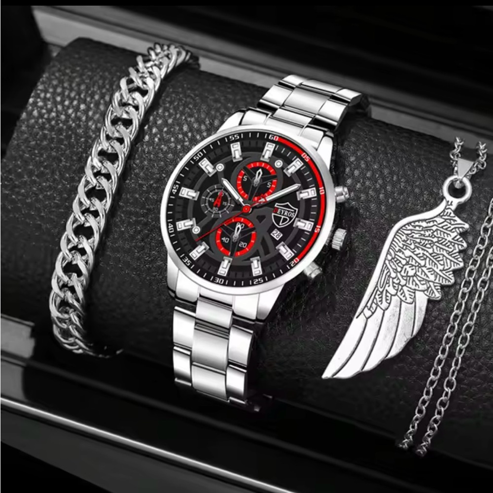 Silver and Black Chronograph Watch with Red Accents